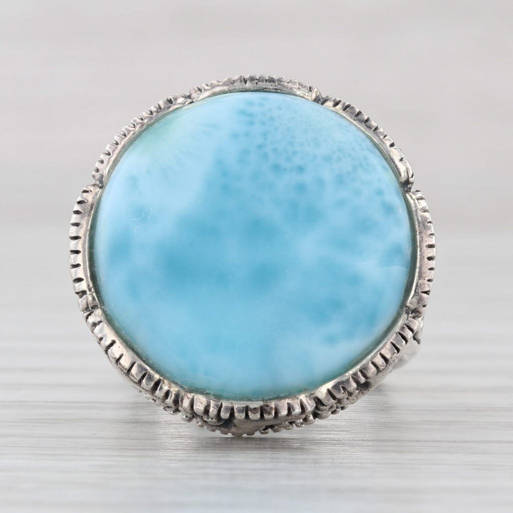 Marbled Blue Larimar Ornate Statement Ring Sterling Silver Size 6 Signed