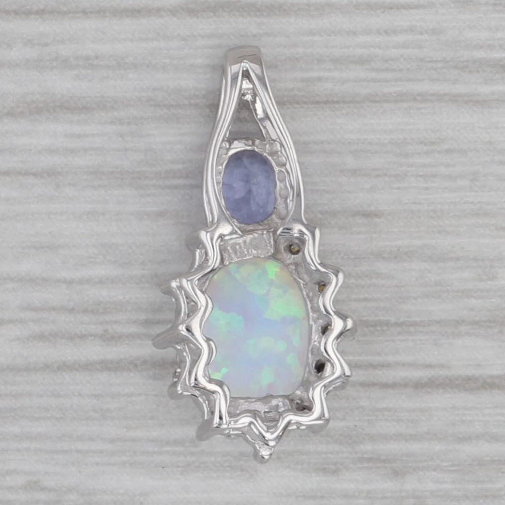 Gray Lab Created Opal Diamond Tanzanite Pendant 10k White Gold Small Drop