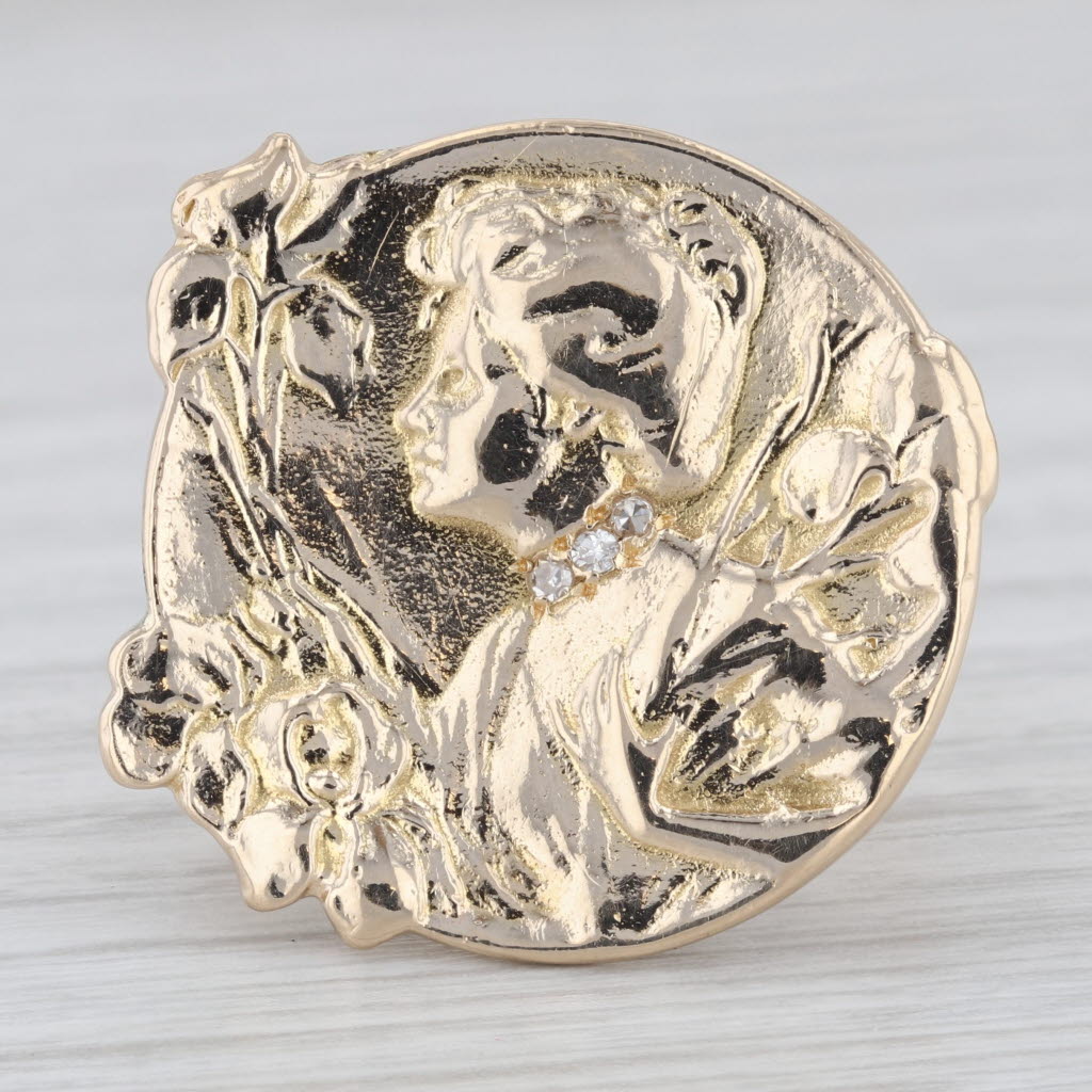 Light Gray Vintage Cameo Style Floral Figural Female Statement Ring 14k Yellow Gold Size 8