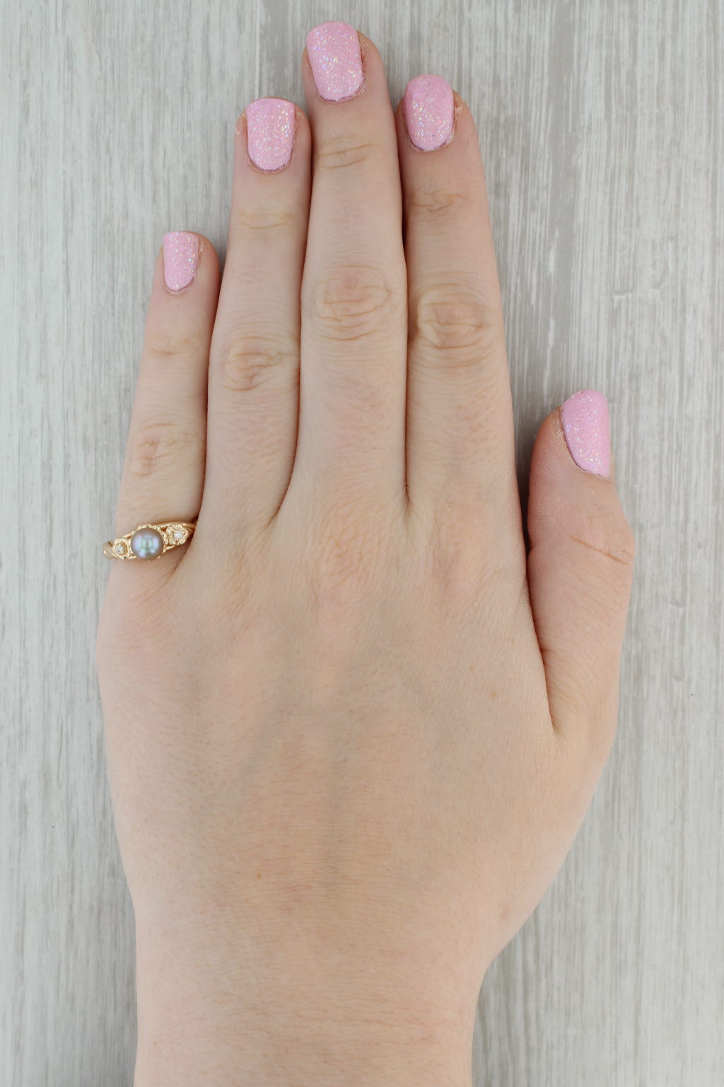 Dark Gray Gray Cultured Pearl Diamond Ring 14k Yellow Gold Size 6.75