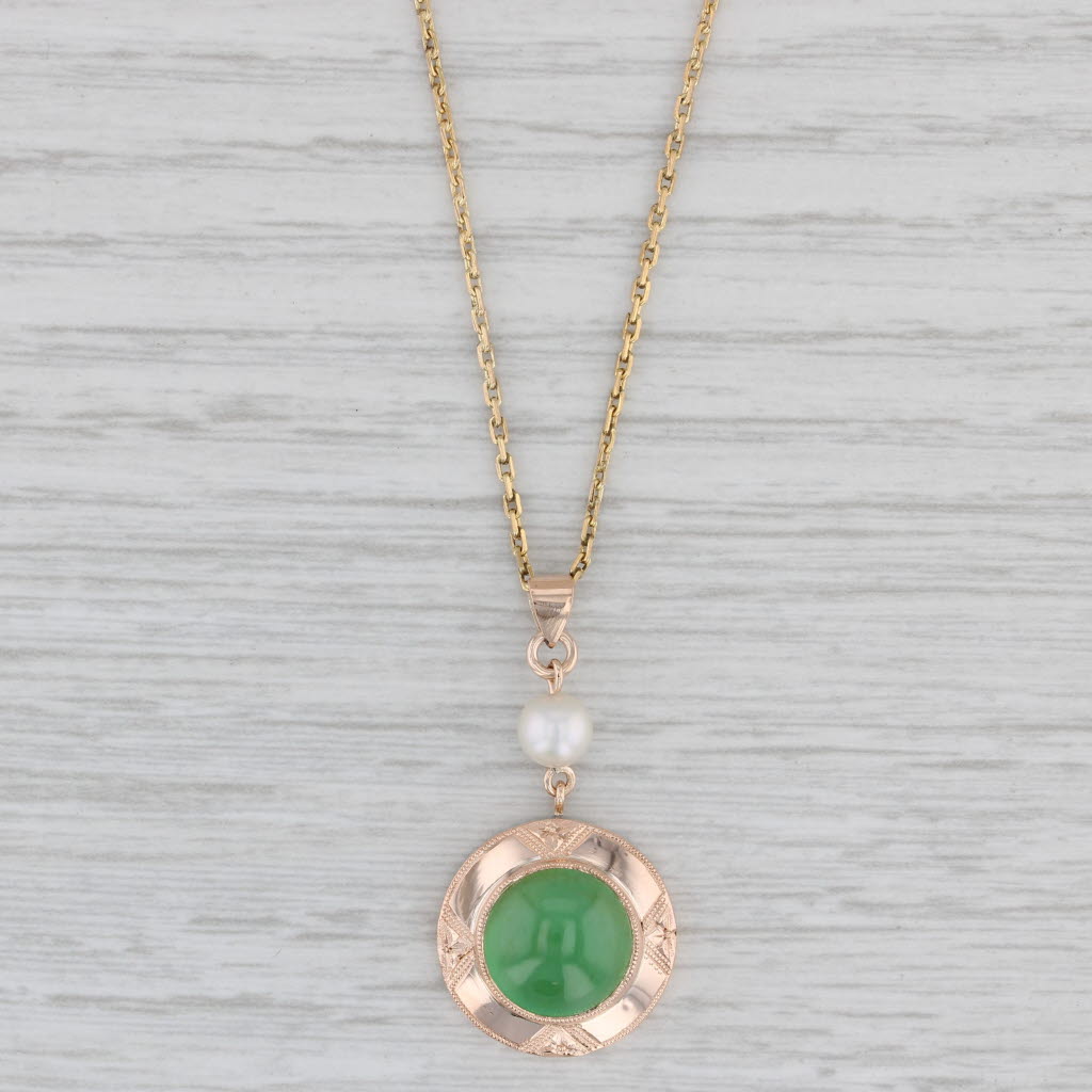 Gray Jadeite Jade Cultured Pearl Pendant Necklace 10k Yellow Gold 15.5" Cable Chain