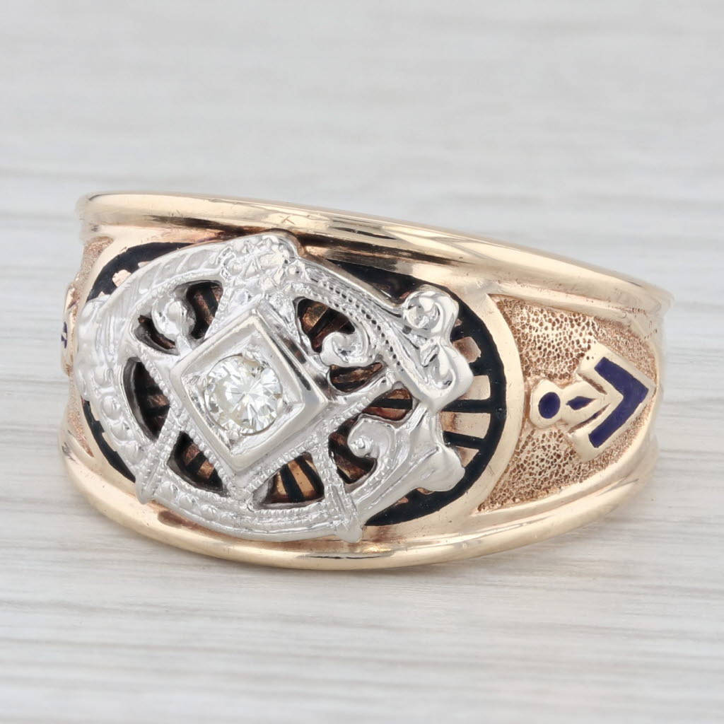 Light Gray Vintage Masonic Ring 10k Gold Diamond Size 10.25 Cigar Band Style Blue Lodge