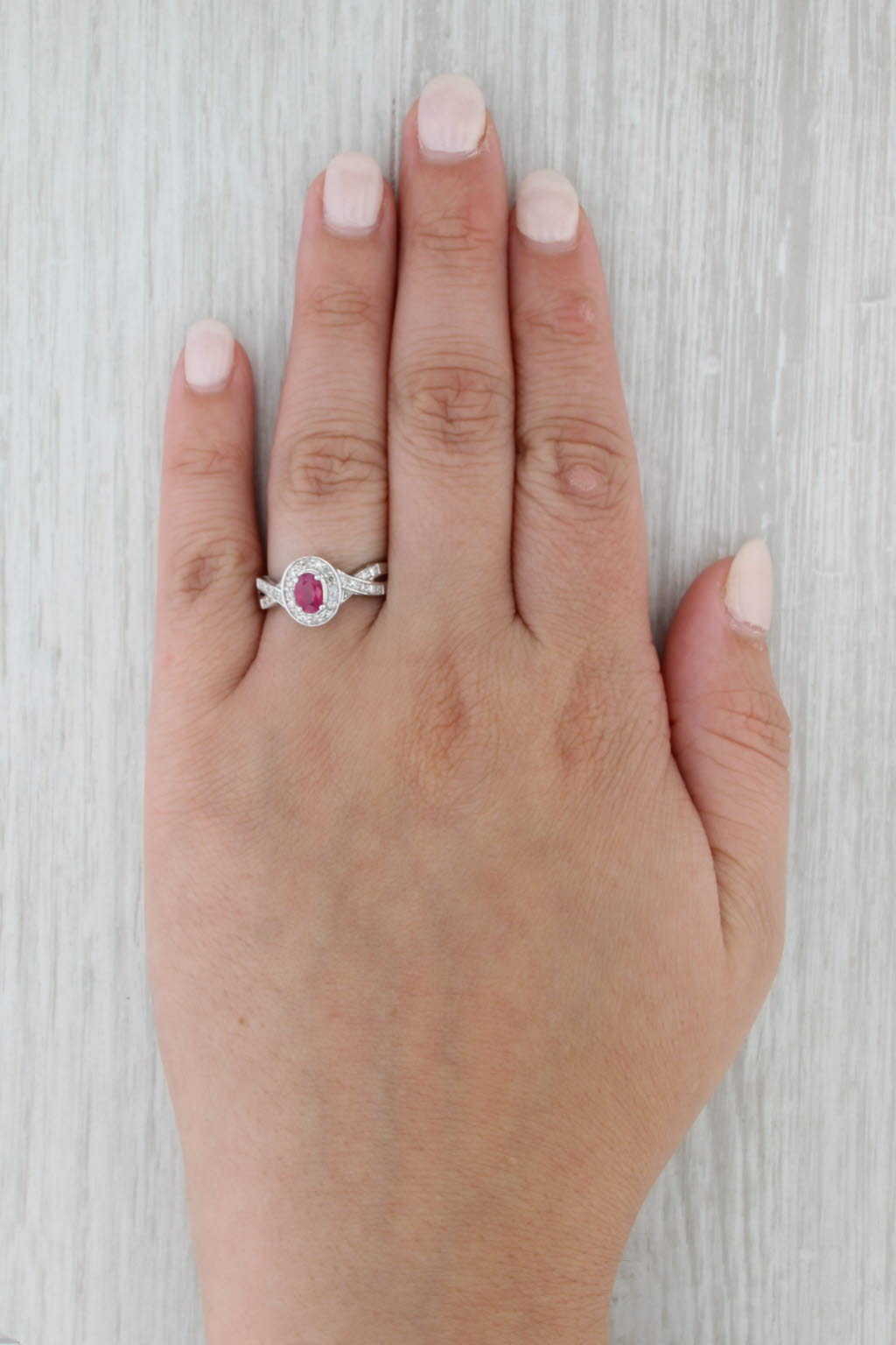 0.70ctw Oval Ruby Diamond Halo Ring 10k White Gold Size 7.5