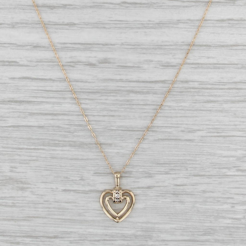 Diamond Layered Open Heart Pendant Necklace 14k Yellow Gold 16" Cable Chain