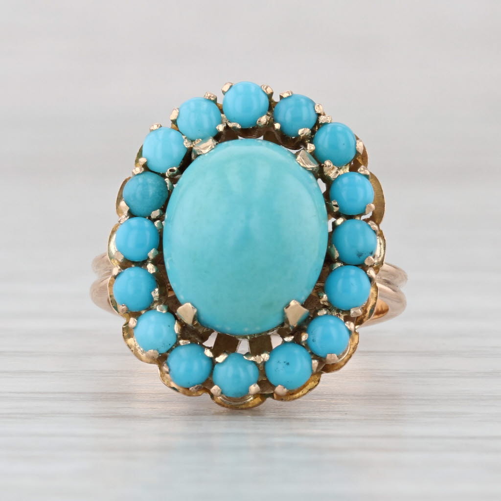 Vintage Turquoise Cabochon Halo Ring 14k Yellow Gold Size 5.5