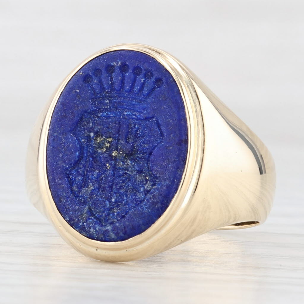 Lapis Lazuli Carved Intaglio Ring 14k Yellow Gold Size 10.75 Signet Coat of Arms