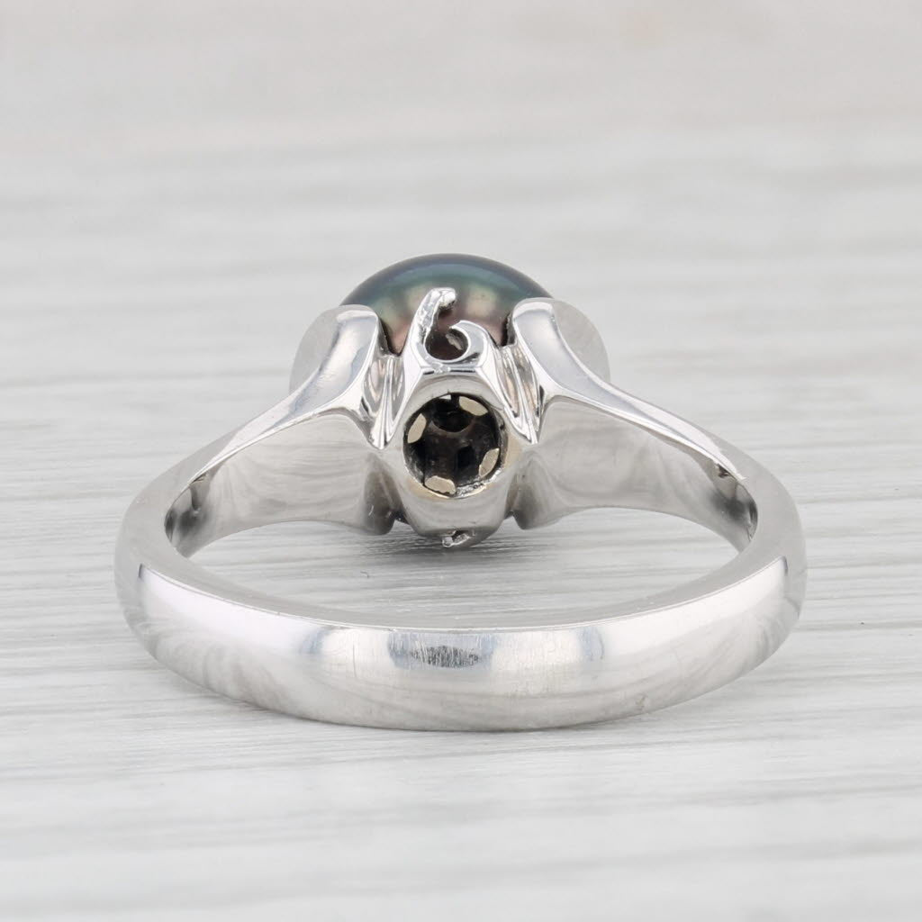 Light Gray New Galatea Cultured Black Pearl Diamond Ring 14k White Gold Size 6.25