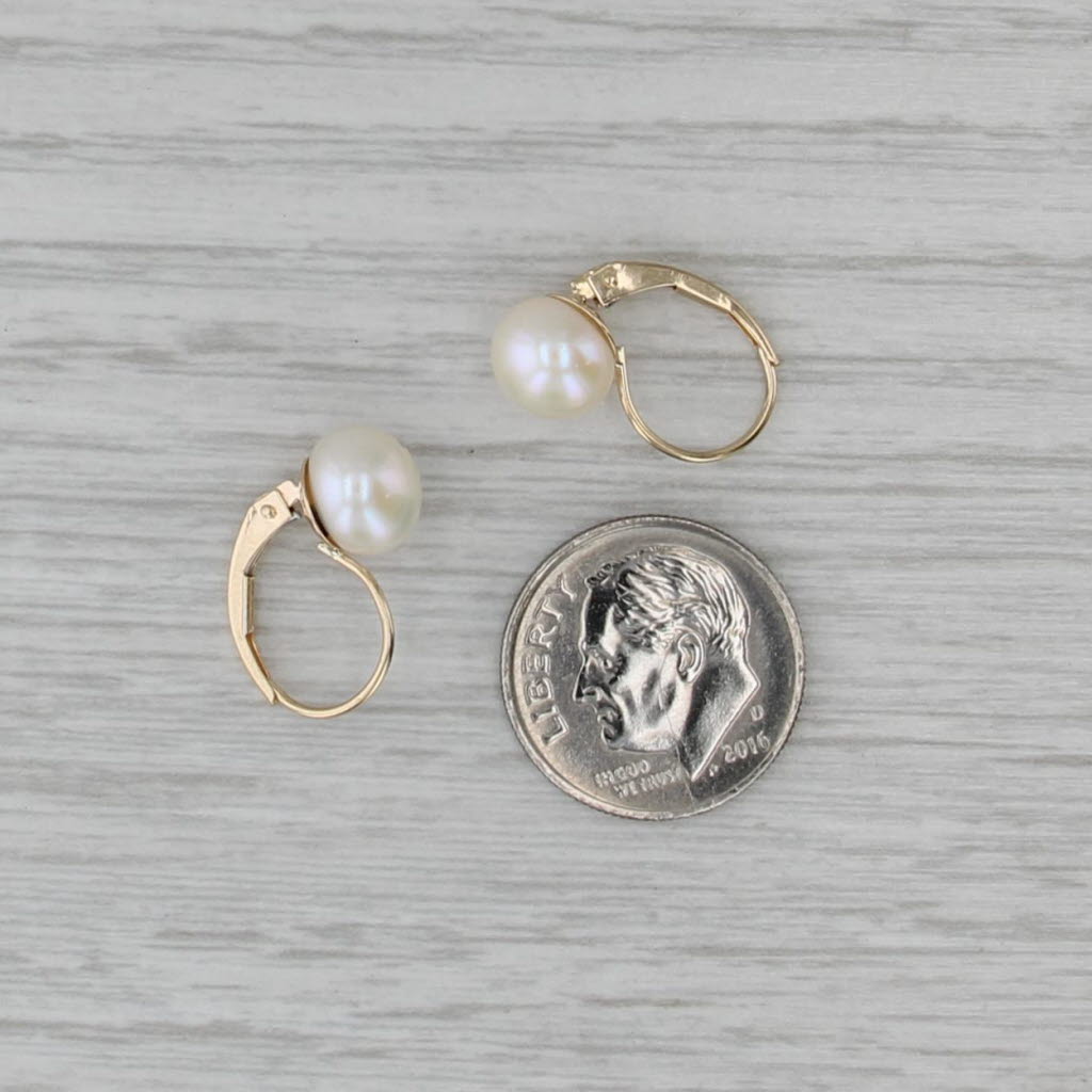 Cultured Pearl Button Drop Earrings 14k Yellow Gold Lever Backs