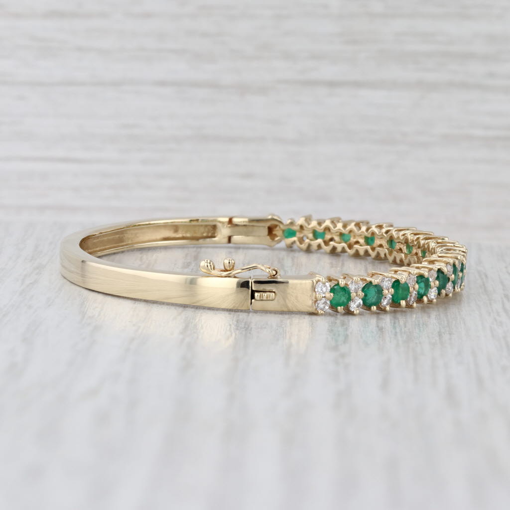 3ctw Emerald Diamond Bangle Bracelet 14k Yellow Gold Hinged 6.5"