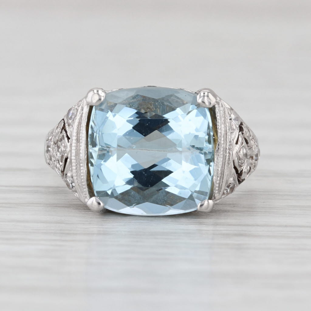 Vintage 4.84ctw Aquamarine Diamond Ring 14k White Gold Size 5 Ornate Openwork