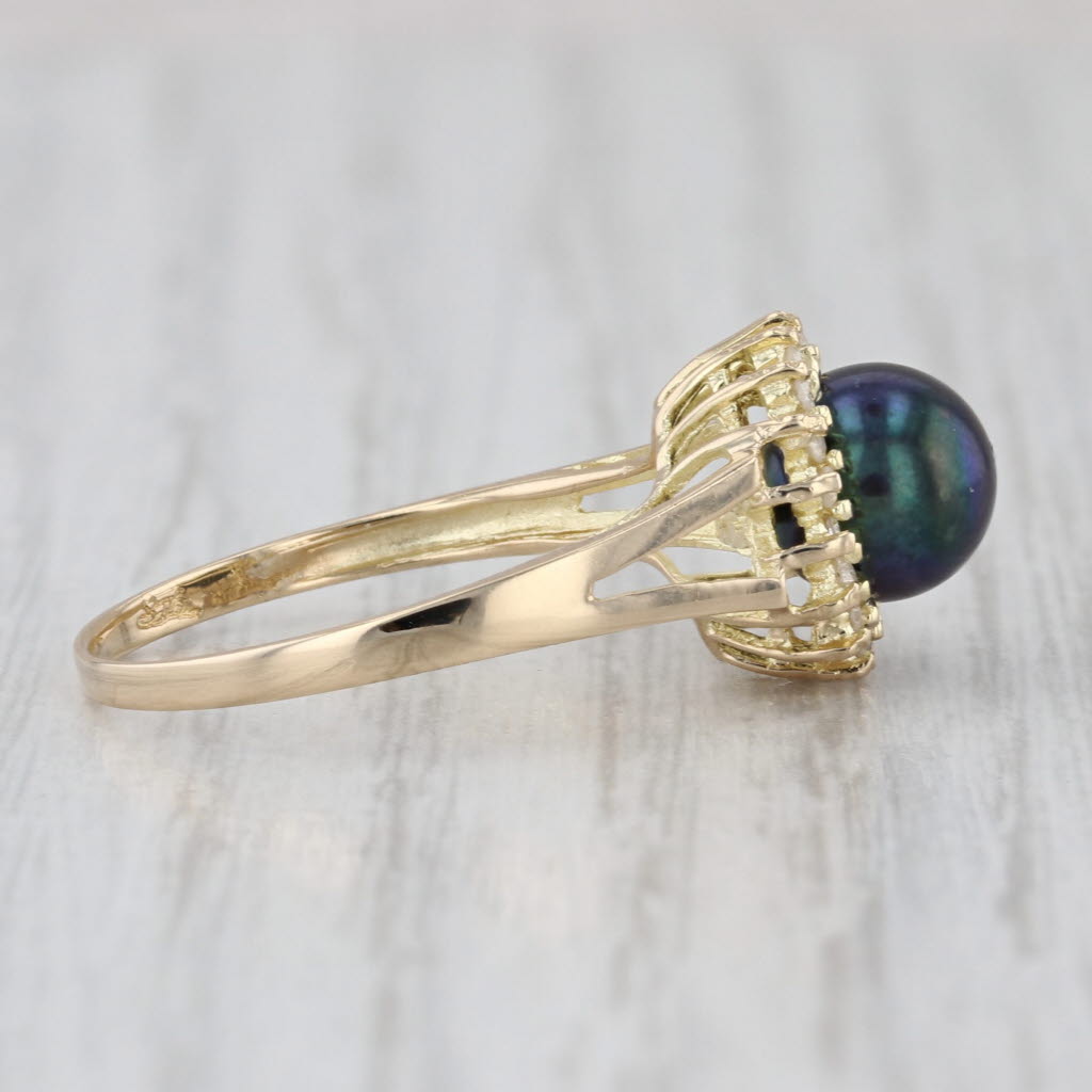 7mm Black Cultured Pearl Diamond Halo Ring 14k Yellow Gold Size 7
