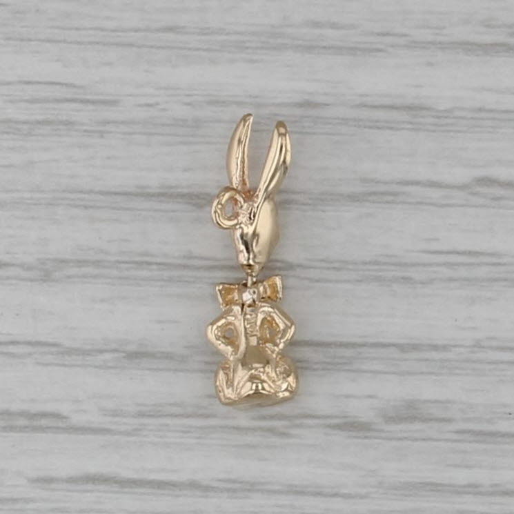 Small Bunny Rabbit in Bow Tie Charm 14k Yellow Gold 3D Pendant Head Moves
