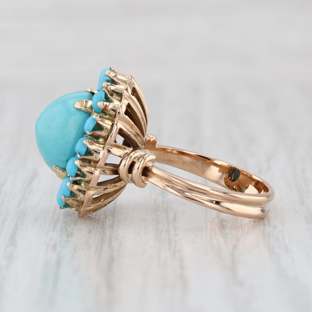 Vintage Turquoise Cabochon Halo Ring 14k Yellow Gold Size 5.5