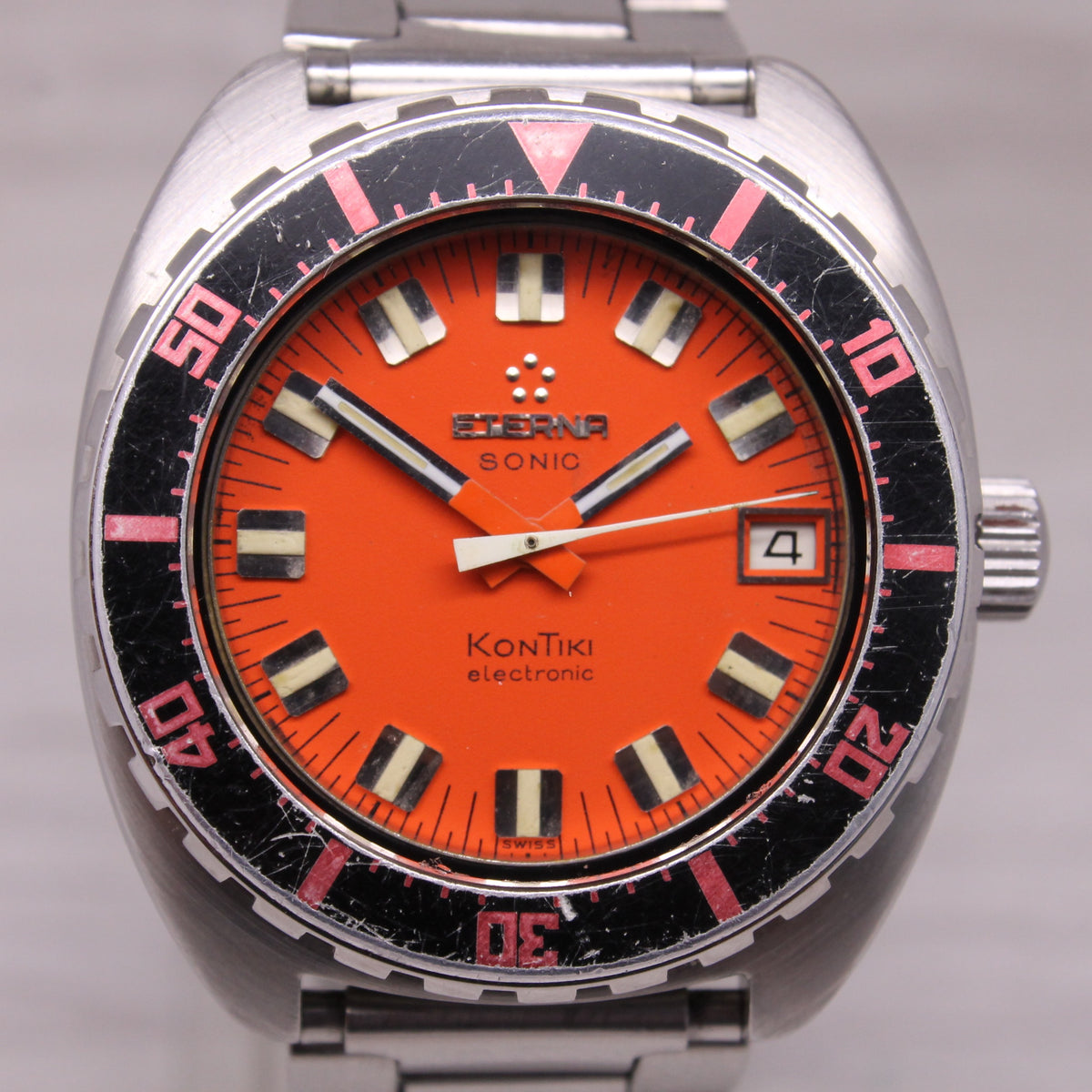 Vintage Eterna Sonic Kontiki Orange 41mm Steel Divers Watch Tuning Fork
