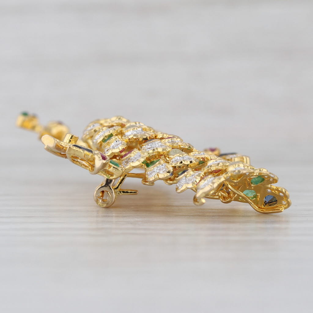 2.78ctw Gemstone Peacock Brooch 18k Gold Pin Diamond Ruby Emerald Sapphire