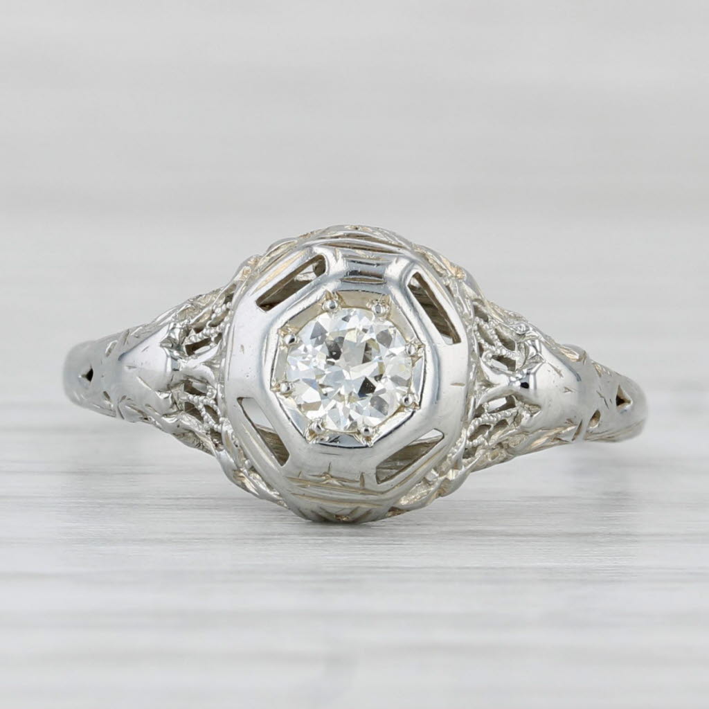 Light Gray Art Deco 0.19ct Diamond Solitaire Engagement Ring 18k White Gold Size 6