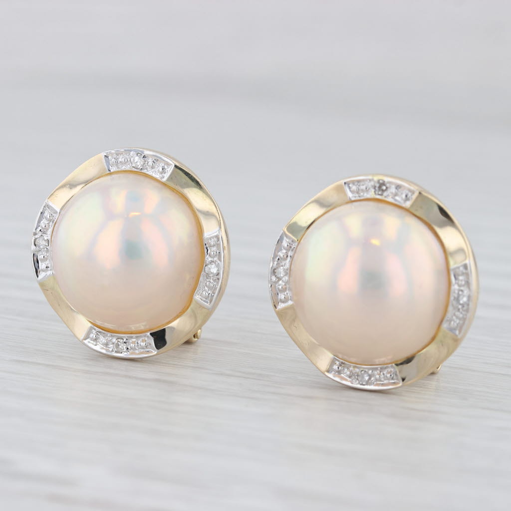 Light Gray Mabe Pearl Diamond Button Stud Earrings 14k Yellow Gold Omega Backs