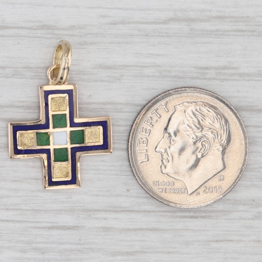 Light Gray Small Enamel Cross Pendant 14k Yellow Gold Charm