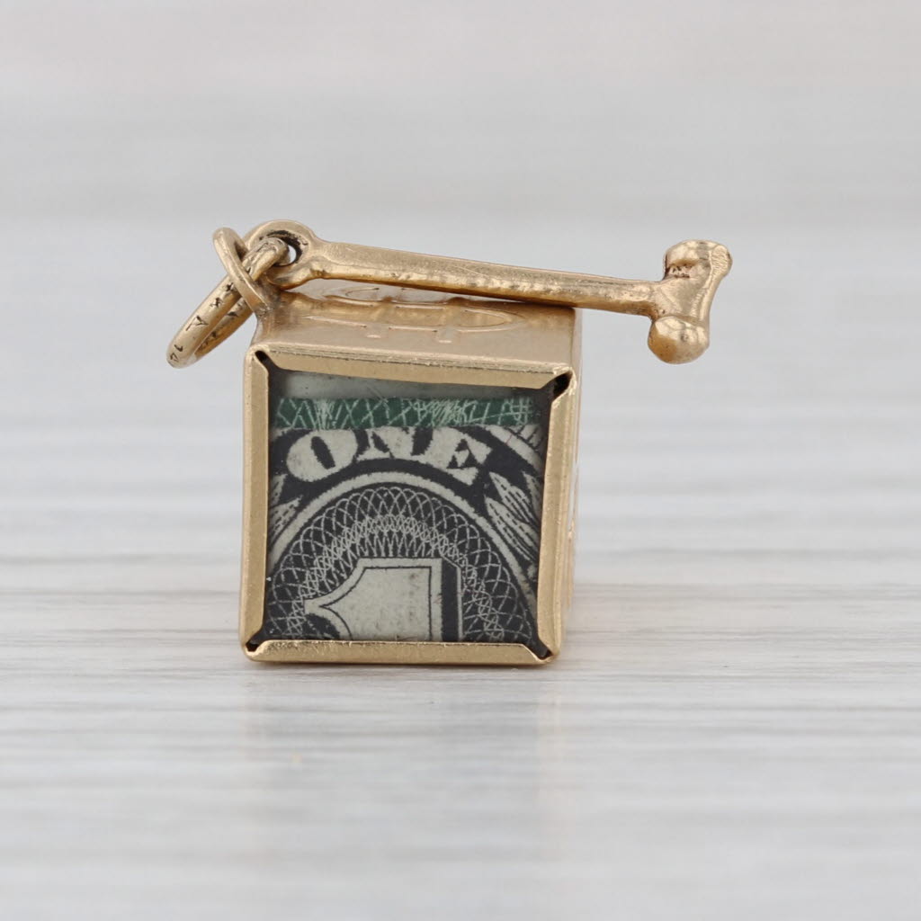 Vintage Emergency Money Dollar Bill in Box Pendant 14k Yellow Gold Charm