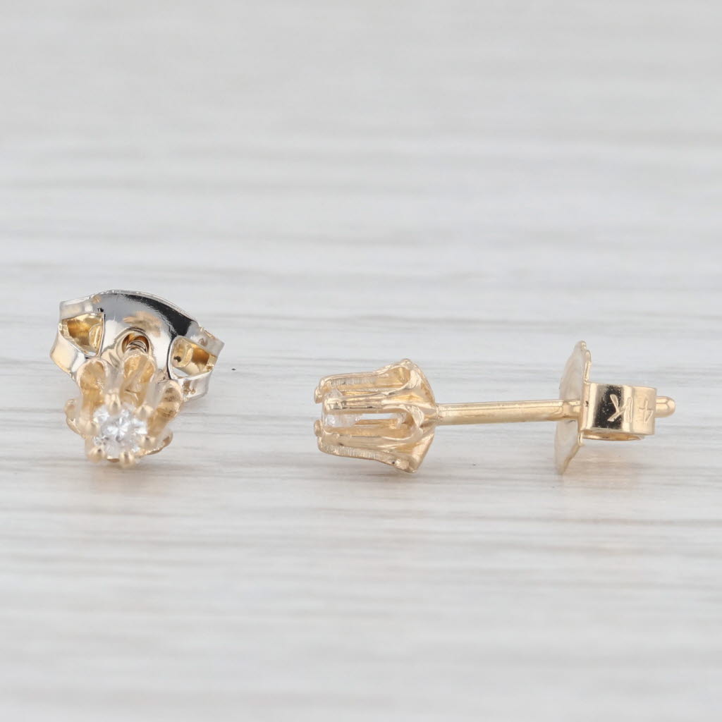Light Gray Small Diamond Buttercup Stud Earrings 14k Yellow Gold Round Solitaires