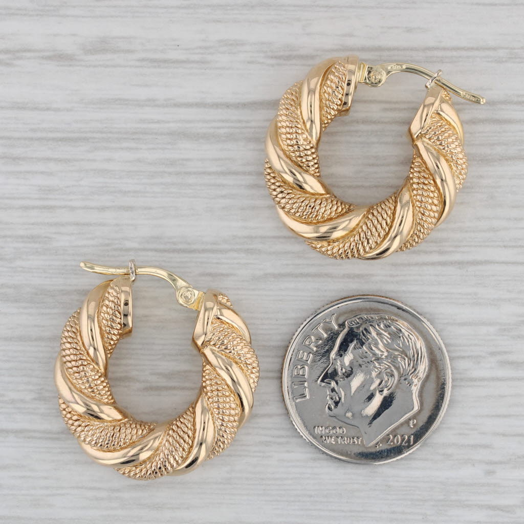 Gray Scalloped Twist Hoop Earrings 14k Yellow Gold Snap Top Round Hoops