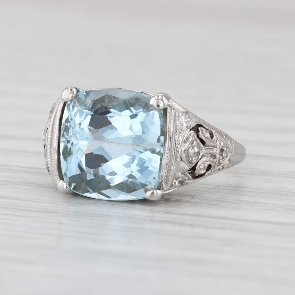 Vintage 4.84ctw Aquamarine Diamond Ring 14k White Gold Size 5 Ornate Openwork