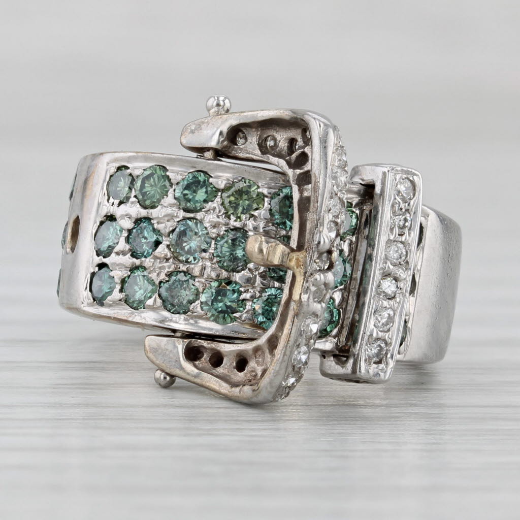 Gray 1.44ctw Green White Diamond Belt Buckle Ring 14k White Gold Size 6 Cocktail