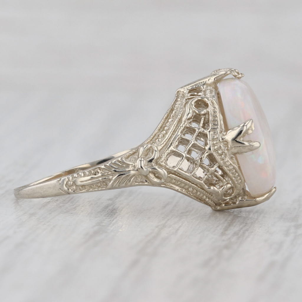 Gray Vintage Oval Cabochon Opal Solitaire Filigree Ring 14k White Gold Size 7.25