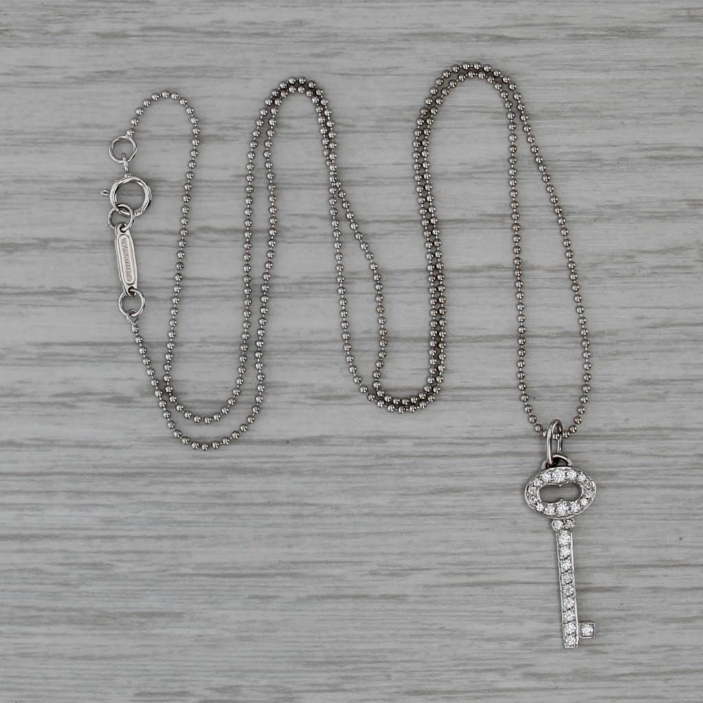 Tiffany 0.16ctw Diamond Key Pendant Necklace w/ Box 18k Gold 18" Bead Chain