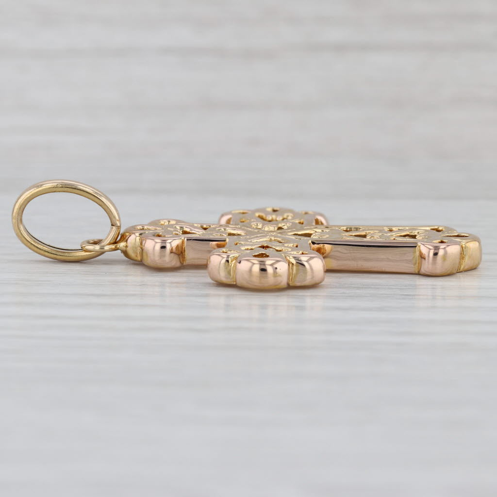 Ornate Open Work Cross Pendant 14k Yellow Gold Heart Accents