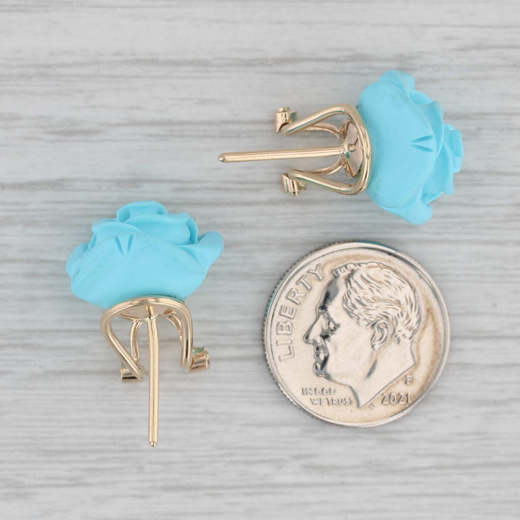 Gray Imitation Carved Turquoise Flower Stud Earrings 14k Yellow Gold Omega Backs