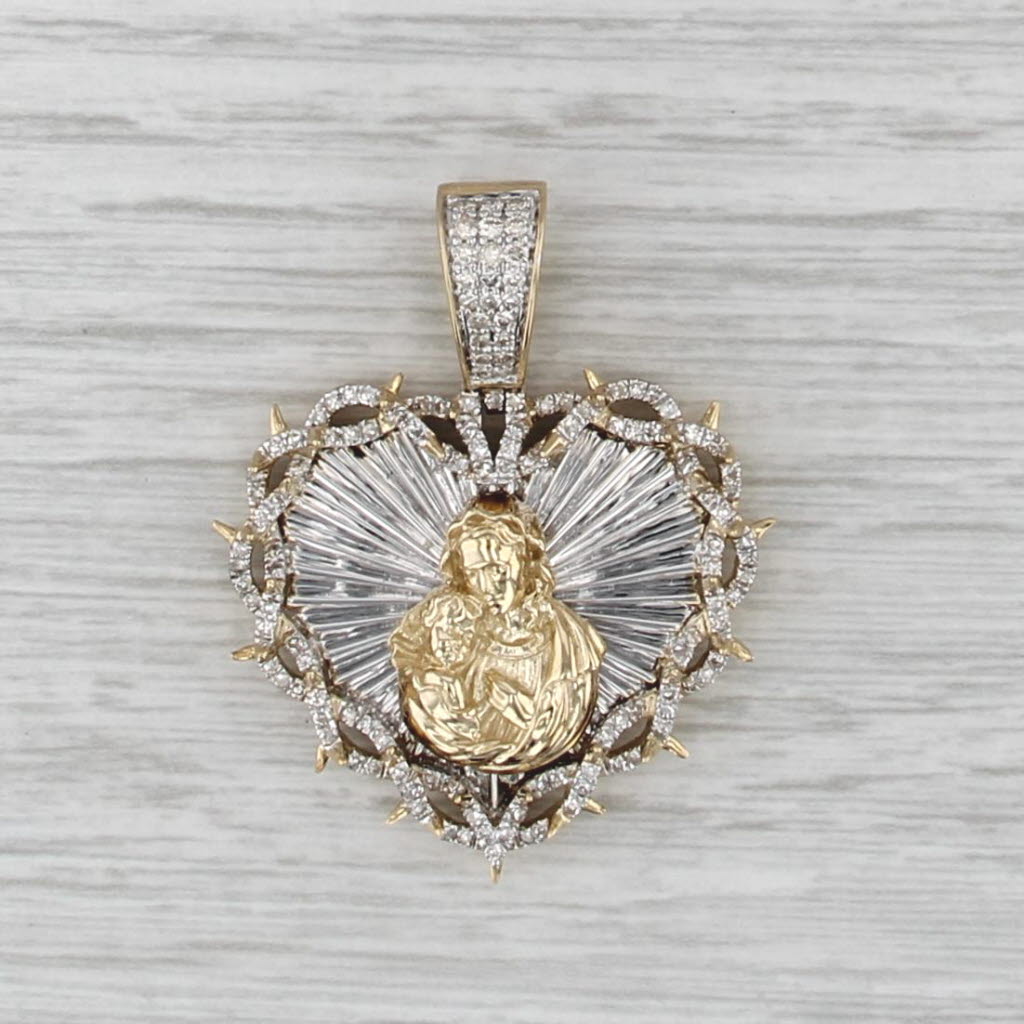 Mother Mary Holding Jesus Heart Pendant 0.71ctw Diamond 10k Gold Engravable