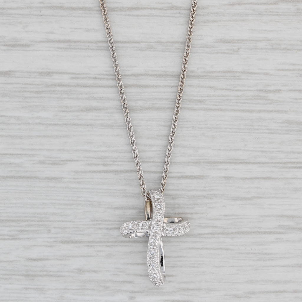 Gray 0.15ctw Diamond Cross Pendant Necklace 14k White Gold 16" Wheat Chain