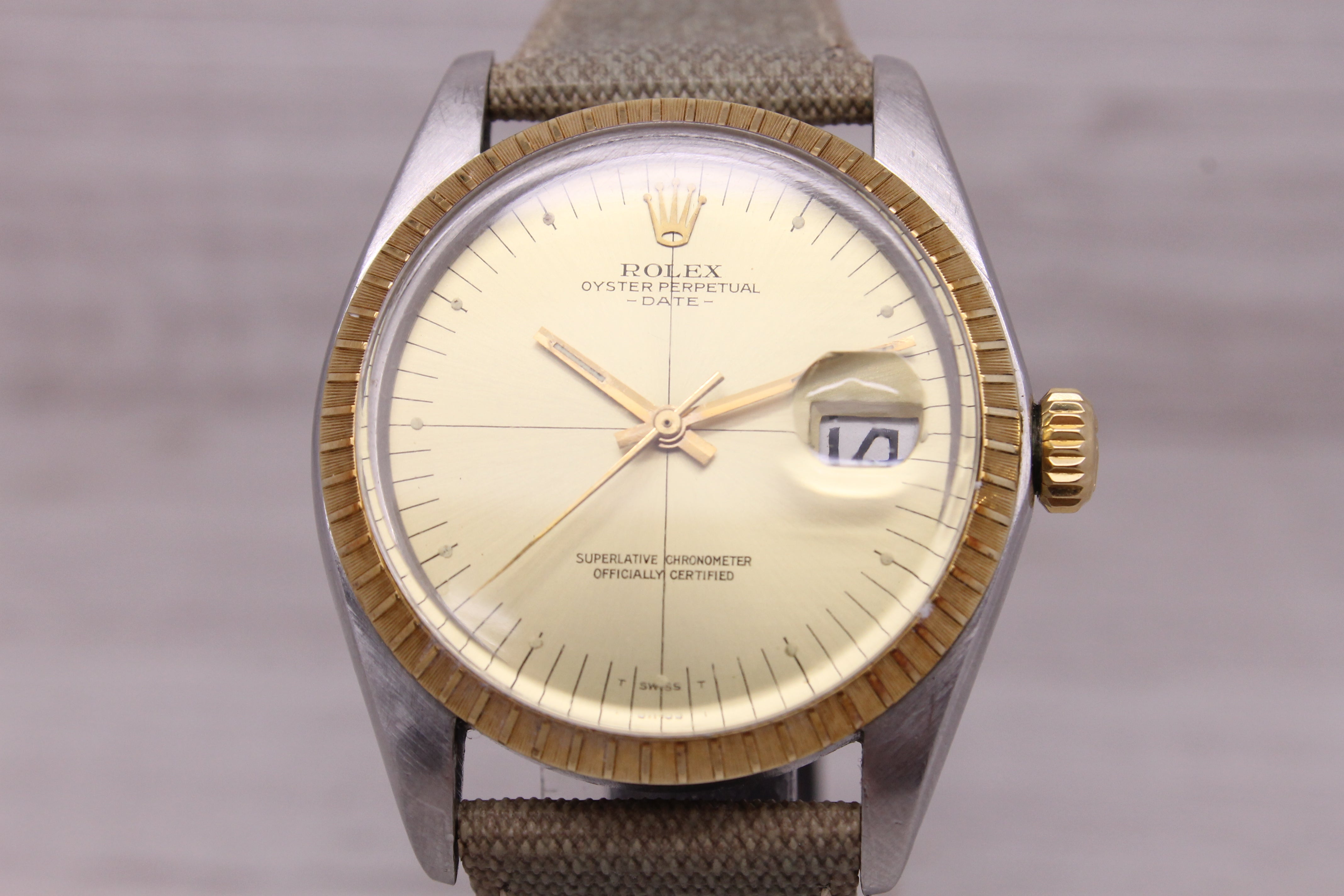 Dark Gray Vintage 1974 Rolex Date 1505 Mens 34mm Steel & 14k Automatic Watch Zephyr Dial