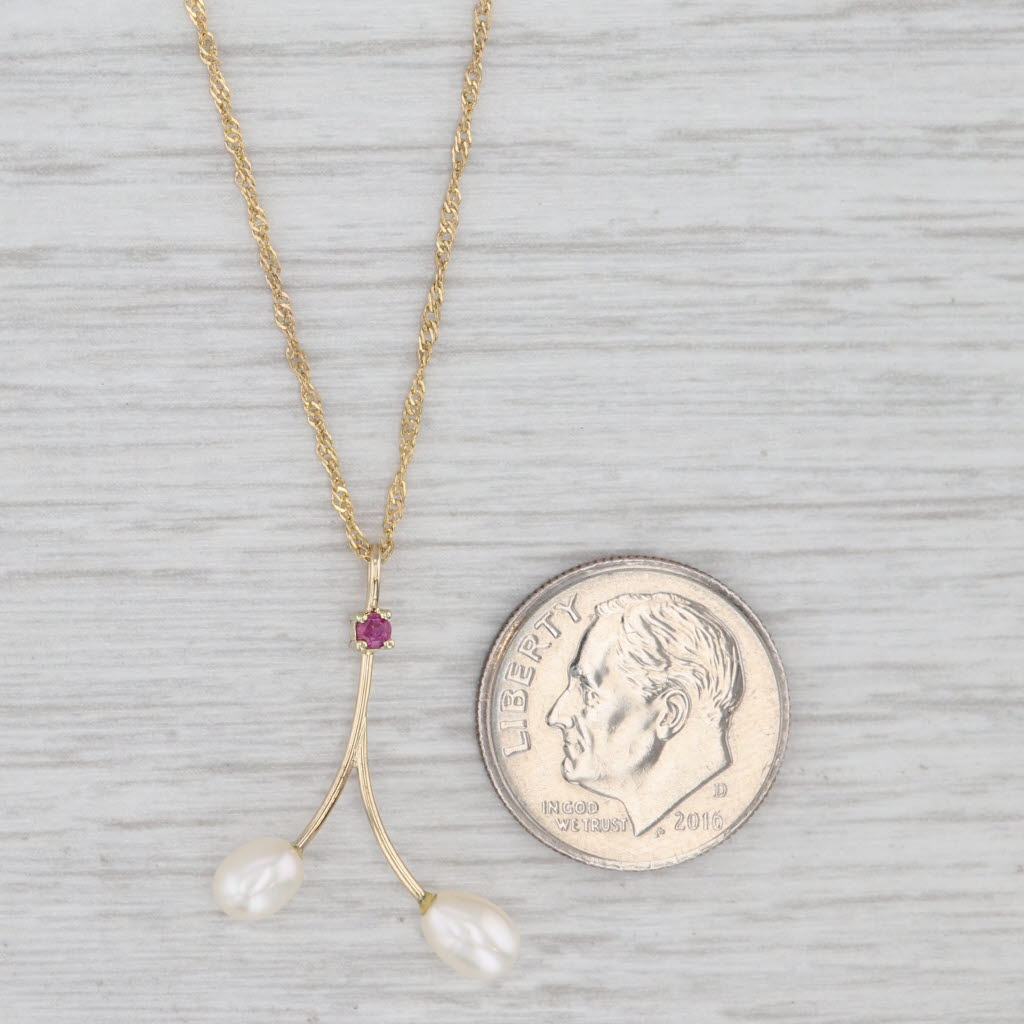 Light Gray Cultured Pearl Ruby Pendant Necklace 14k Yellow Gold 18" Singapore Chain