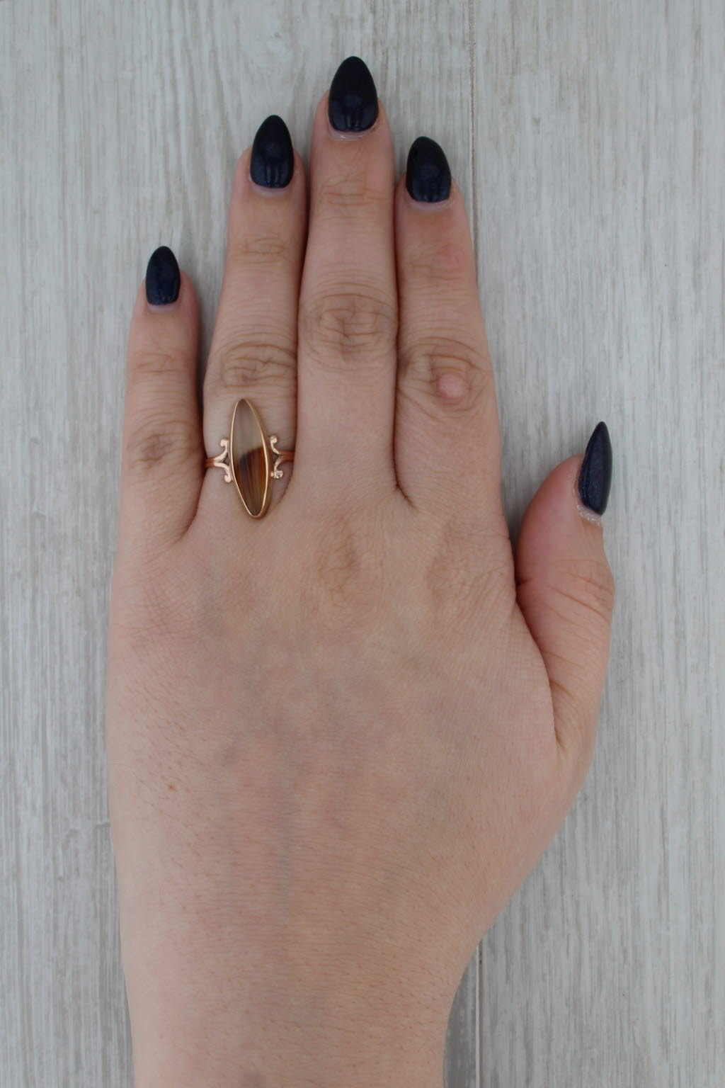 Vintage Brown White Agate Chalcedony Navette Cabochon Ring 10k Rose Gold Size 7