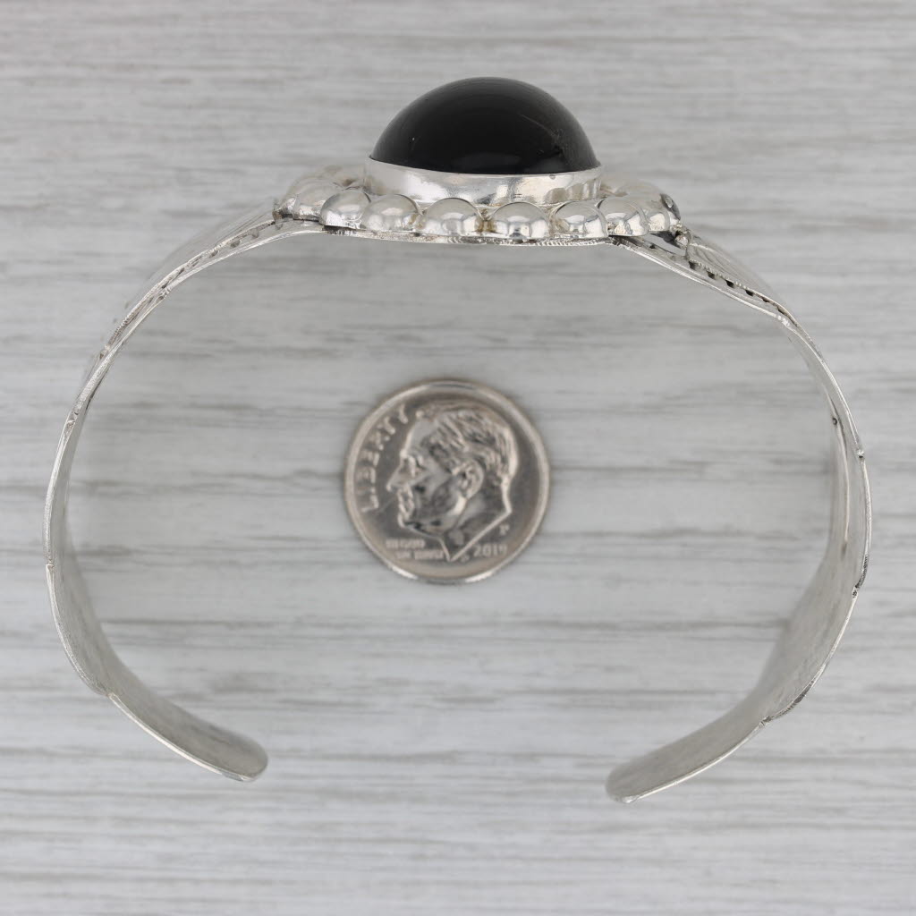 Dark Gray Black Obsidian Sterling Silver Cuff Bracelet Stamped Pattern Mexico 7.25"