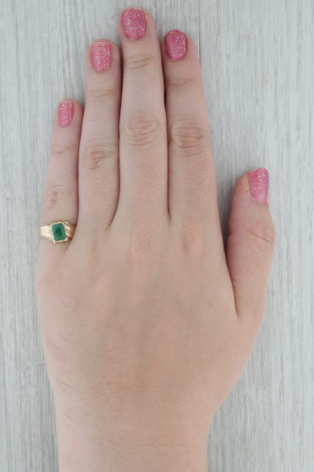 Dark Gray 1ct Emerald Cut Emerald Solitaire Bypass Ring 10k Yellow Gold Size 7