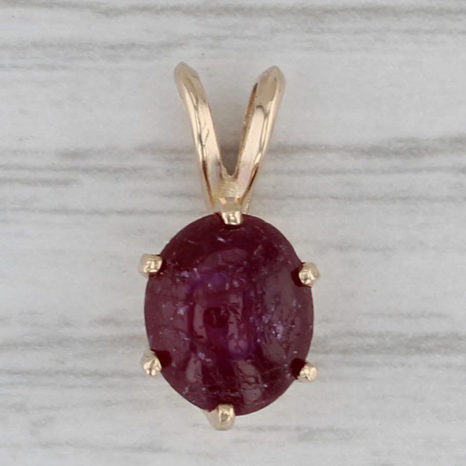 Oval Ruby Cabochon Solitaire Pendant 14k Yellow Gold Small Drop
