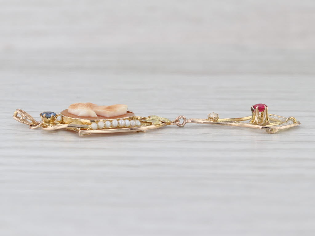 Vintage Carved Shell Cameo Pearl Glass Lavalier Pendant 10k Yellow Green Gold