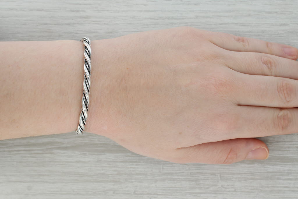 Dark Gray Woven Cuff Bracelet Sterling Silver 6.25" 5.1mm
