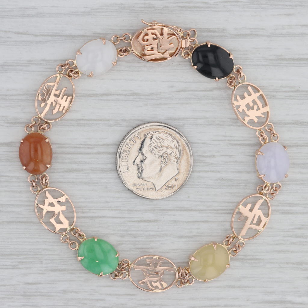 Gray Multicolor Jadeite Jade Chinese Calligraphy Bracelet 14k Rose Gold 7"