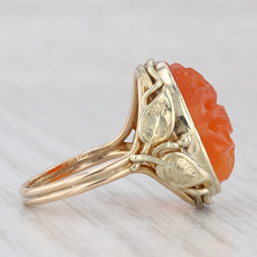 Light Gray Vintage Carved Carnelian Dragon Ring 14k Yellow Gold Leaf Accents Size 6