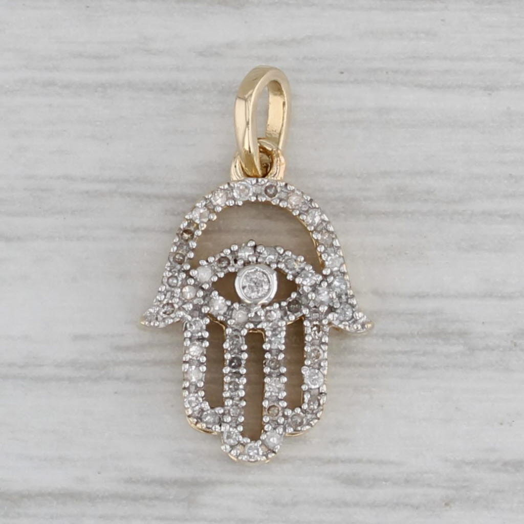 Gray Small 0.11ctw Diamond Hamsa Hand Pendant 14k Yellow Gold Talisman Charm