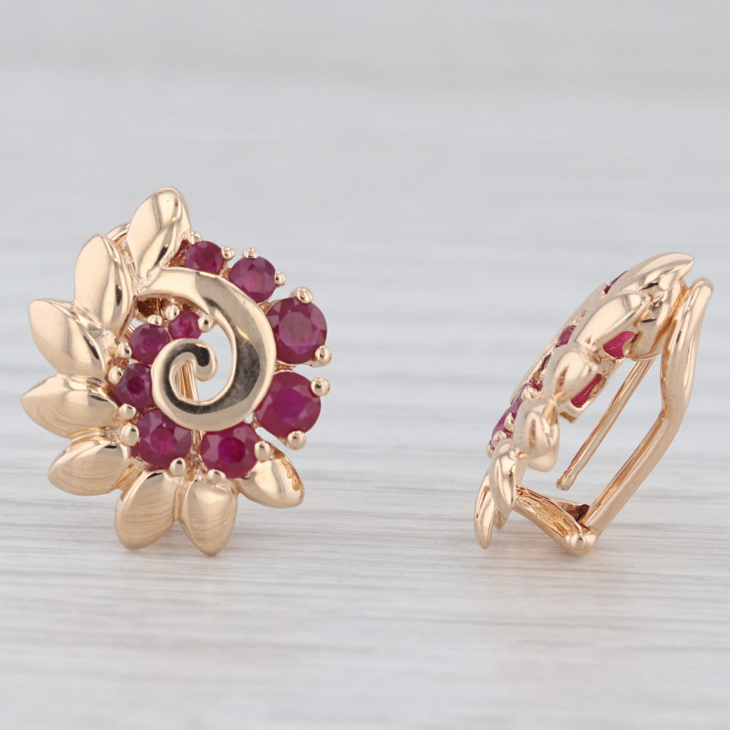 Light Gray 1.55ctw Ruby Flower Swirl Clip On Earrings 14k Yellow Gold Omega Backs