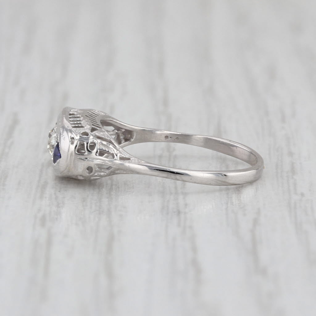 Art Deco Diamond Lab Created Sapphire Engagement Ring 18k White Gold Filigree