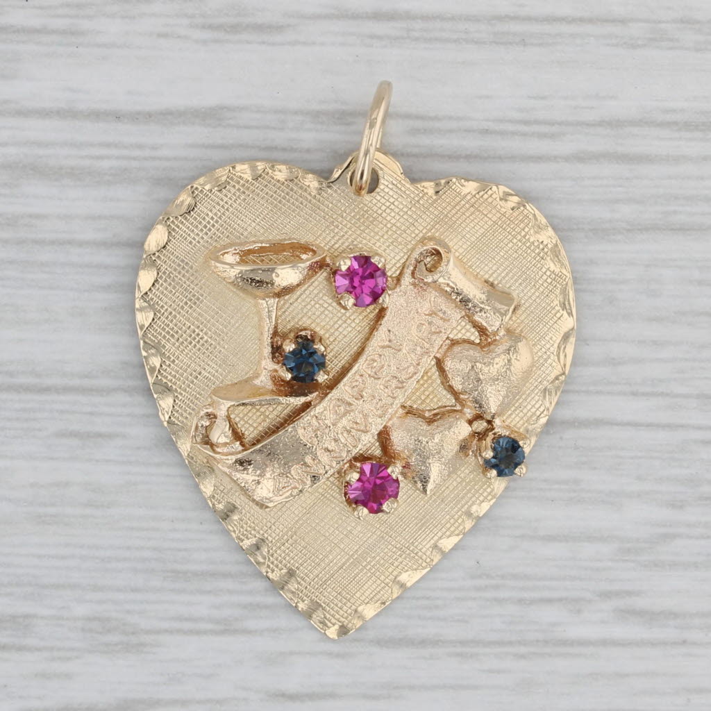 Gray Glass simulated Ruby Sapphire Heart Pendant 14k Gold Happy Anniversary Charm