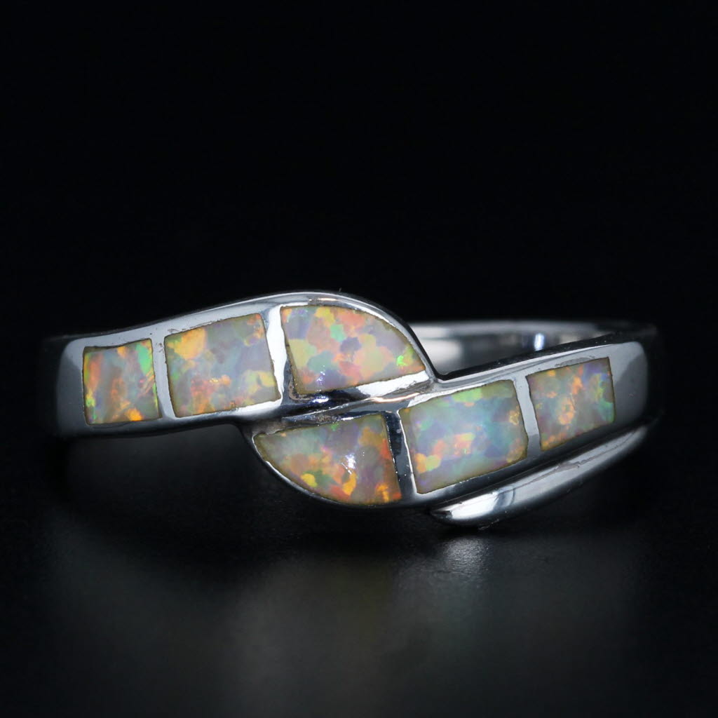 Black Opal Mosaic Inlay Bypass Ring Sterling Silver Size 8 Band