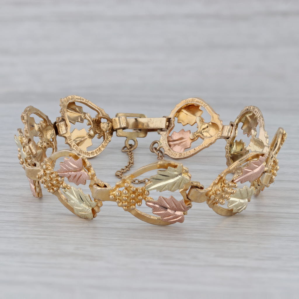 Gray Black Hills Gold Co Floral Heart Chain Bracelet 10k 12 Rose Yellow Green 6.5"