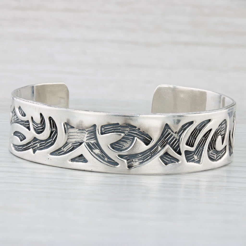 Light Gray Vintage Taxco Mexico Cuff Bracelet Sterling Silver Stamped Pattern 7" 16mm